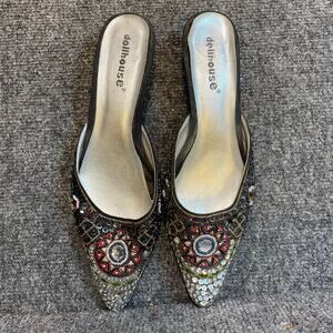 Dollhouse Womens 7.5 DEVA Black Silver Beaded Embellished Slip On Kitten Heels